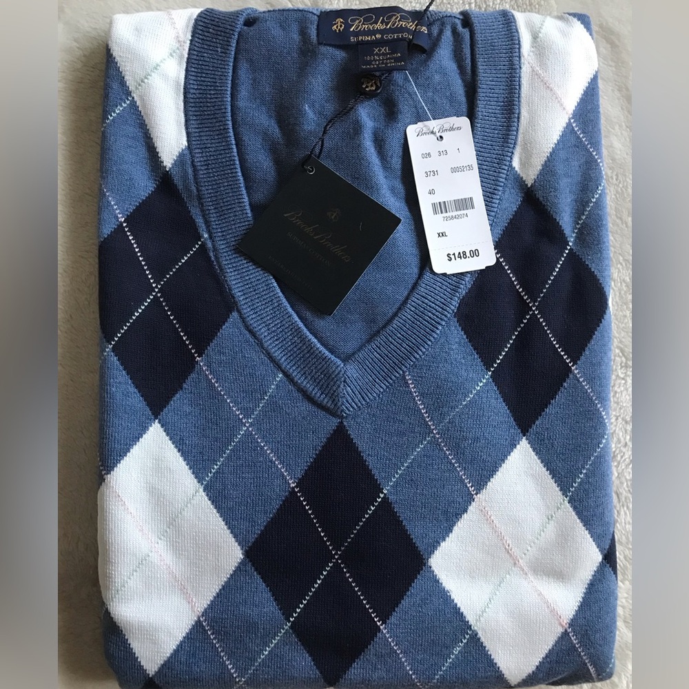Brooks Brothers V-Neck Blue and Black Argyle Sweater